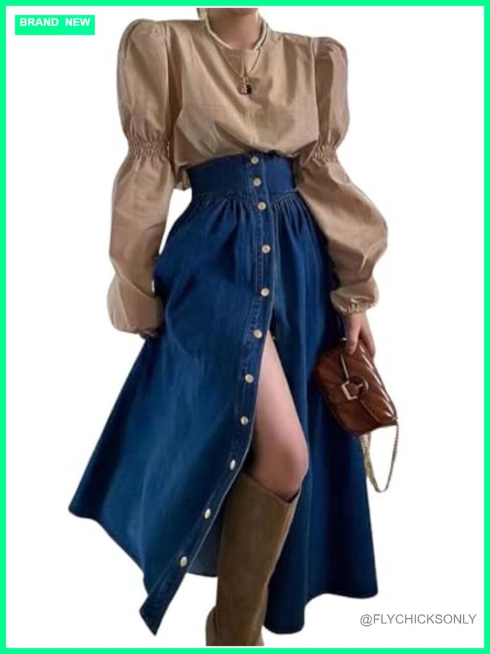 High Waist A-Line Denim Maxi Skirt Button Down Swing Jean Skirt Pockets